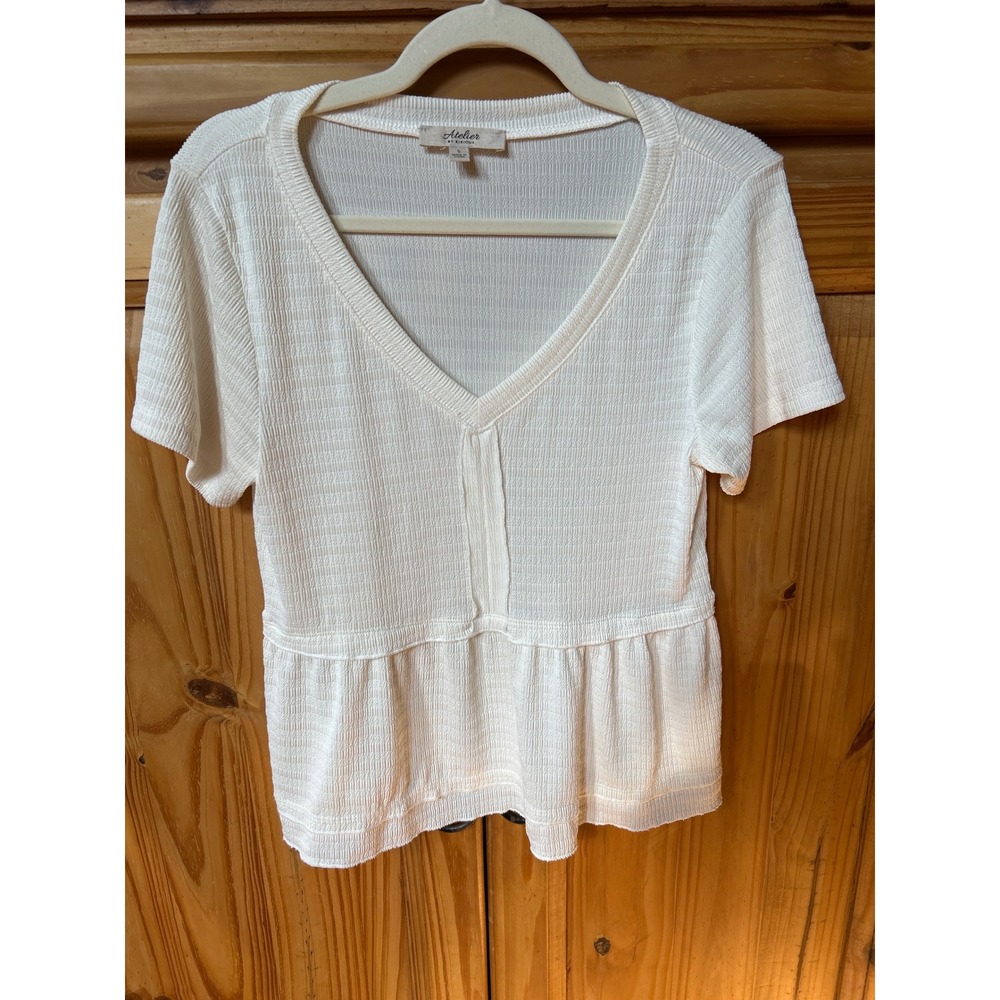 Atelier by Kirious Womens cream Textured V-Neck Peplum Short Sleeve Top S